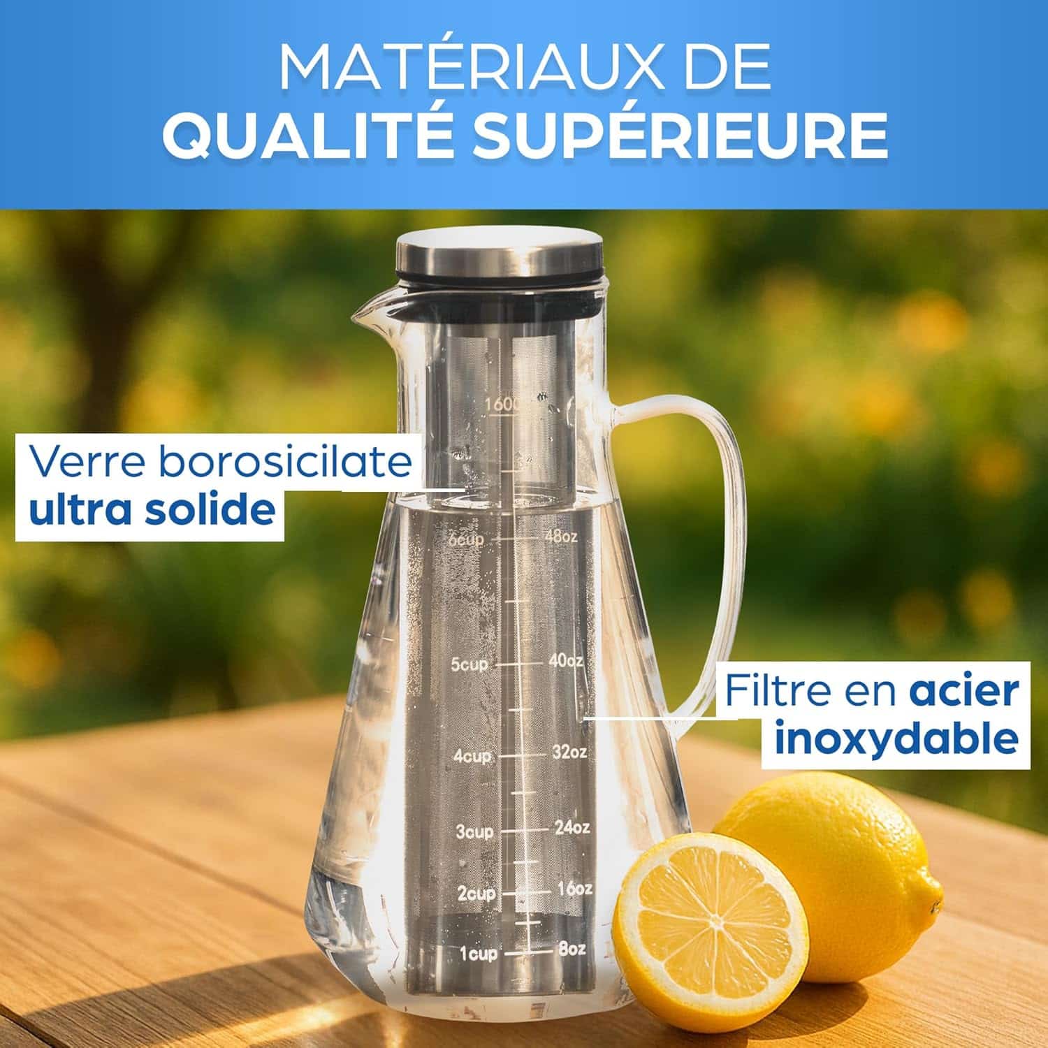 Carafe Infusion à Froid 1.6L avec Infuseur Inox – Bouteille Thé Glacé en Verre, Cruche avec Filtre Fruits, Eau, Jus, Limonade – Couvercle Hermétique – Image 2