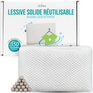 Lessive solide réutilisable Orinko – sachet blanc en maille avec billes minérales, équivalent à 350 lavages soit 1 an de lessive, emballage écologique.