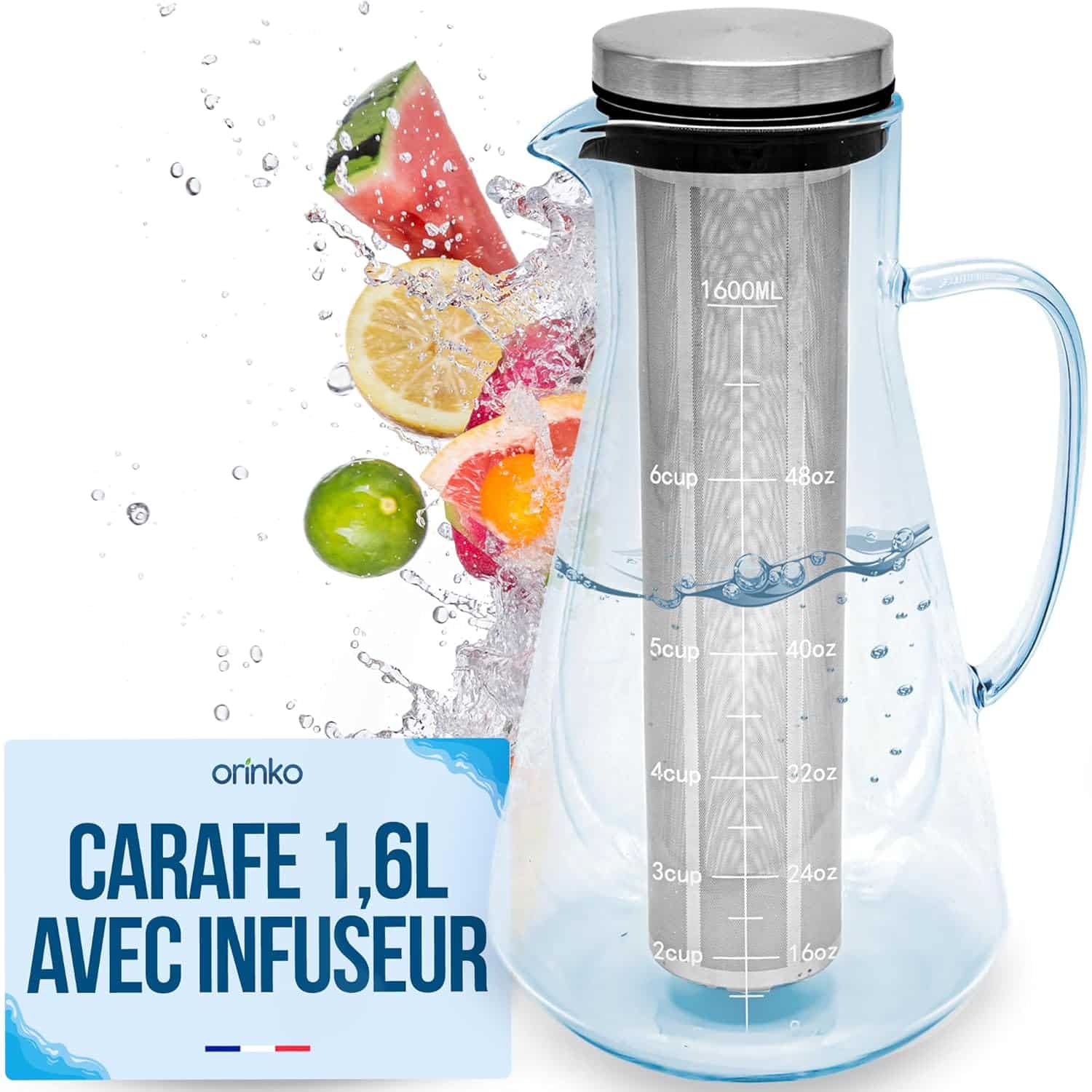 Carafe Infusion à Froid 1.6L avec Infuseur Inox – Bouteille Thé Glacé en Verre, Cruche avec Filtre Fruits, Eau, Jus, Limonade – Couvercle Hermétique