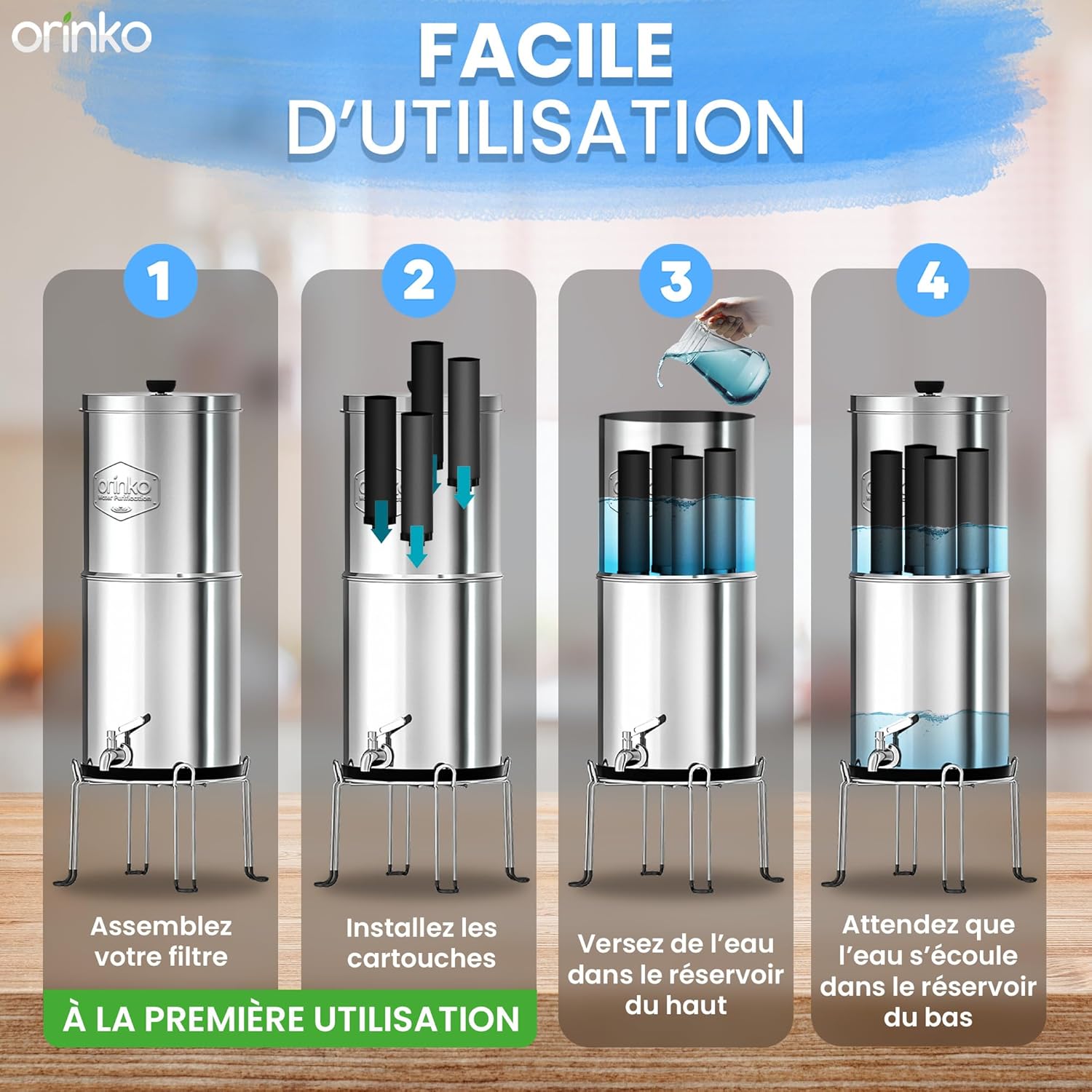 Filtre à Eau par Gravité 8,5L avec 4 Cartouches - Purificateur d'Eau avec Charbon Actif, Fontaine Filtrante pour Eau du Robinet, Eau de Pluie, Filtration Avancée – Image 3