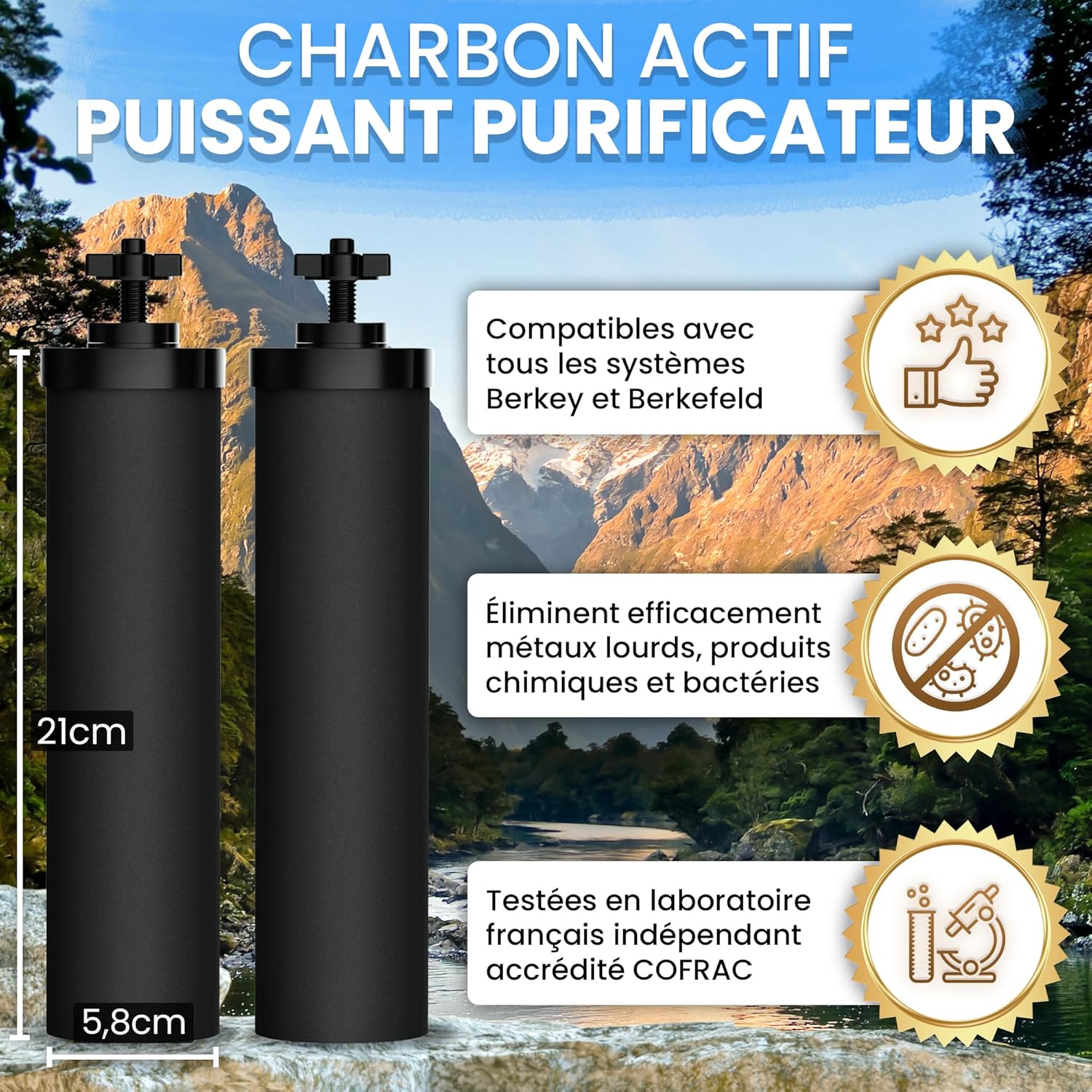 Filtre à Eau par Gravité 8,5L avec 4 Cartouches - Purificateur d'Eau avec Charbon Actif Certifié NSF - Fontaine Filtrante pour Eau du Robinet, Eau de Pluie, Filtration Avancée – Image 6