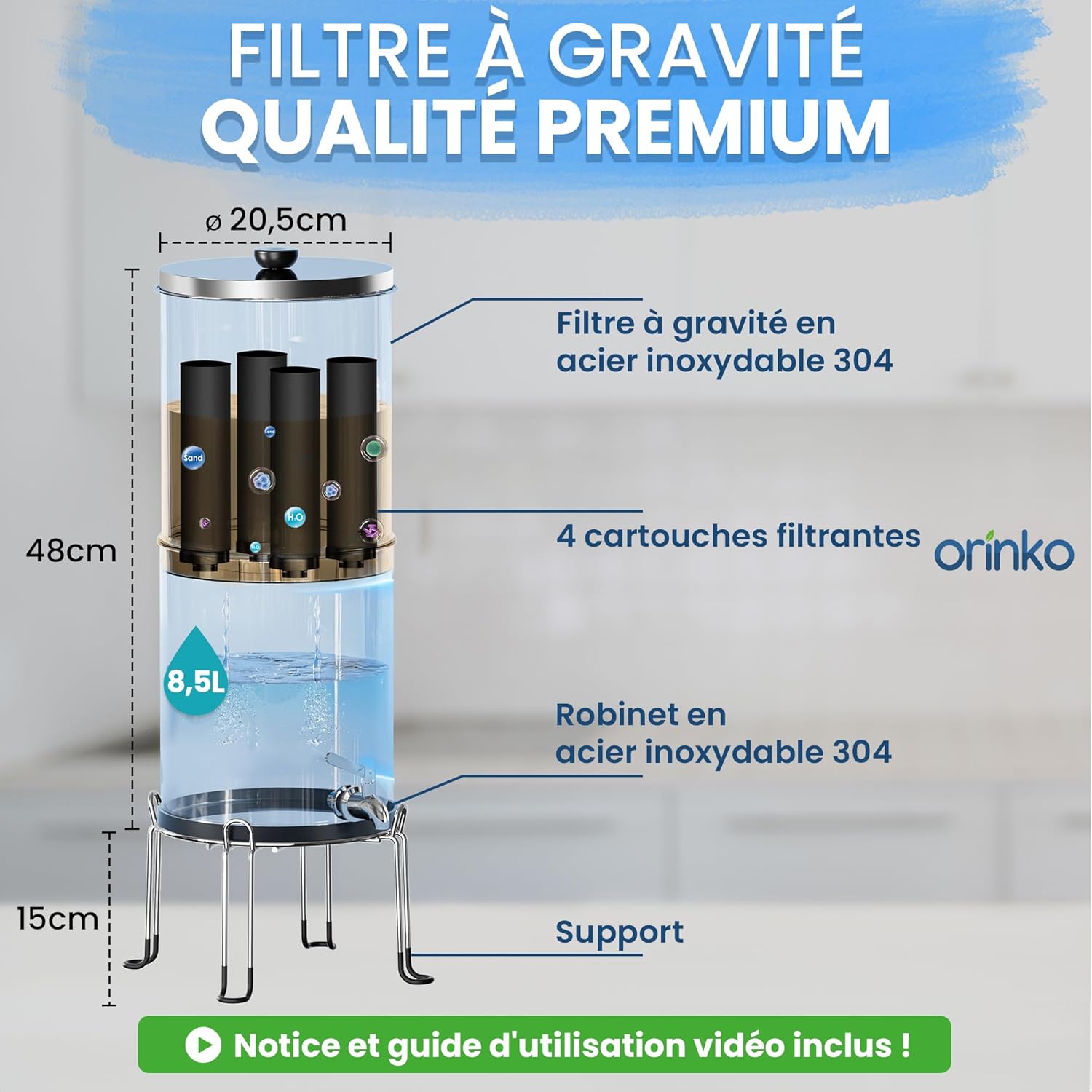 Filtre à Eau par Gravité 8,5L avec 4 Cartouches - Purificateur d'Eau avec Charbon Actif Certifié NSF - Fontaine Filtrante pour Eau du Robinet, Eau de Pluie, Filtration Avancée – Image 8
