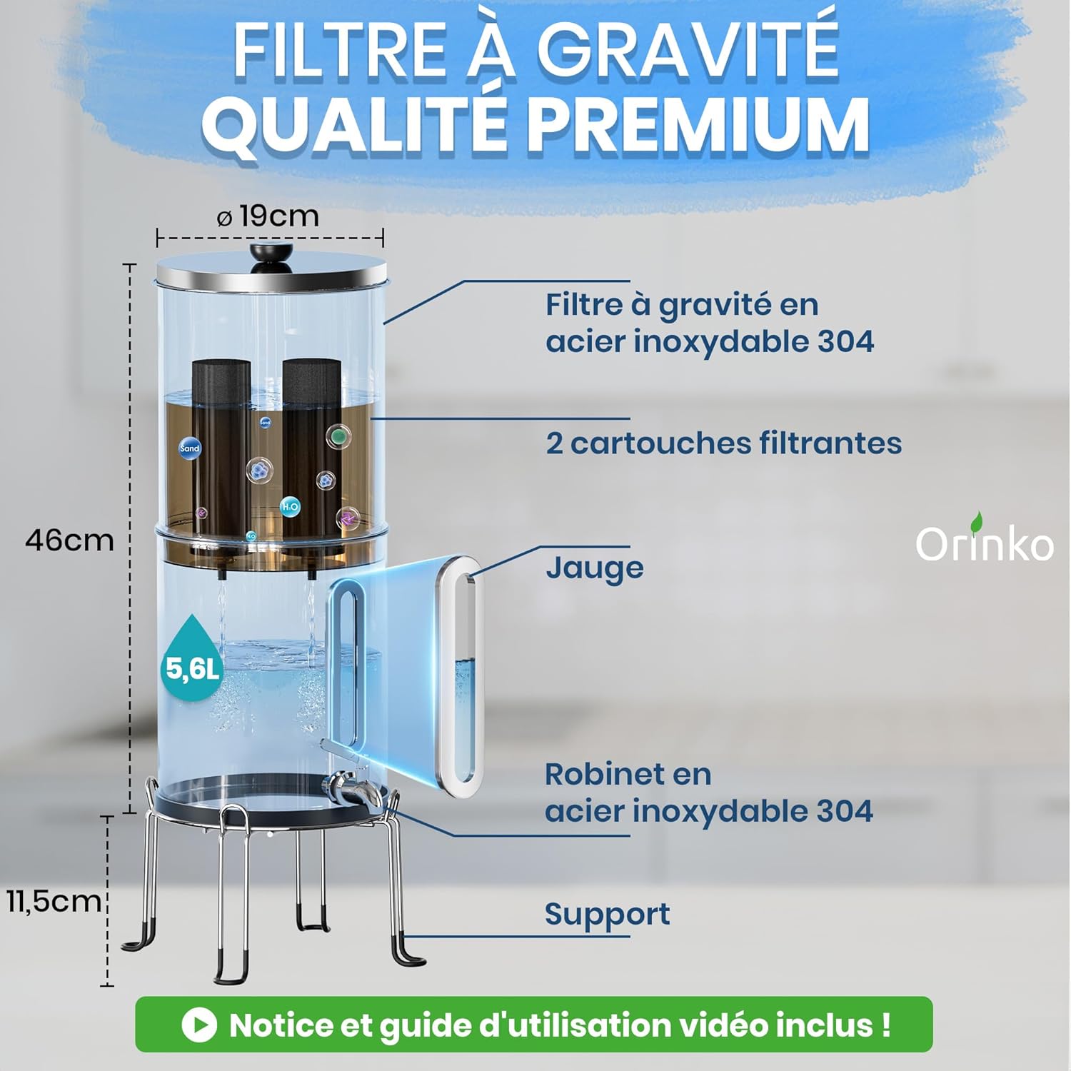 Filtre à Eau par Gravité 5,6 L - Purificateur d'Eau avec Charbon Actif Certifié NSF - Fontaine Filtrante pour Eau du Robinet, Eau de Pluie, Filtration Avancée – Image 8